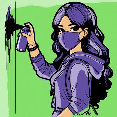 realistic girl with mask spray painting a wall