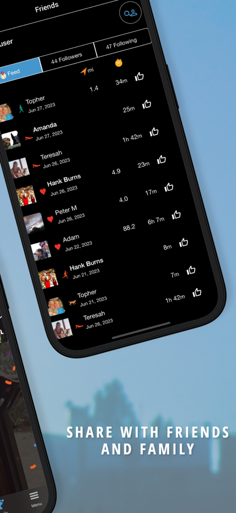 iCardio Workout Tracker - A social feed in the iCardio app displaying workout activities shared by friends and family with performance data.