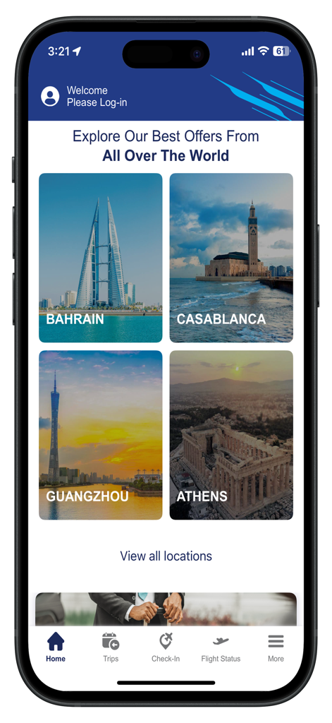Kuwait Airways - Home screen of the Kuwait Airways app displaying global flight destinations and special offers.