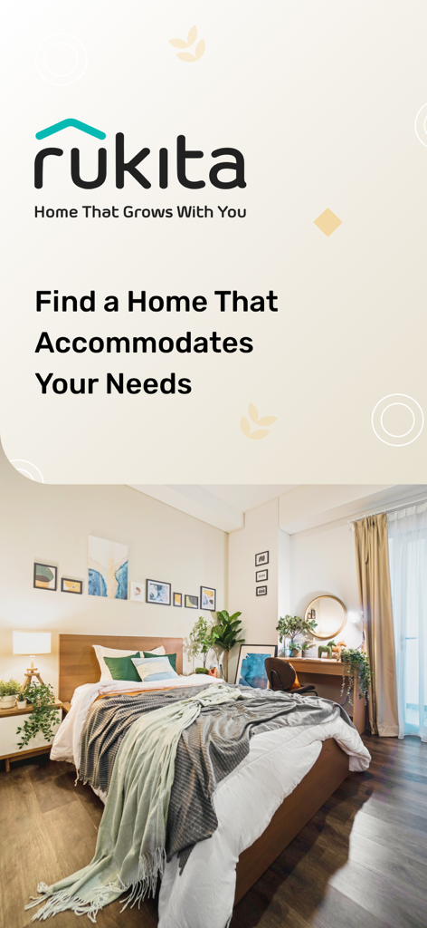 Interfaz de la aplicación Rukita que muestra un dormitorio moderno y una llamada para encontrar un hogar que se ajuste a las necesidades del usuario