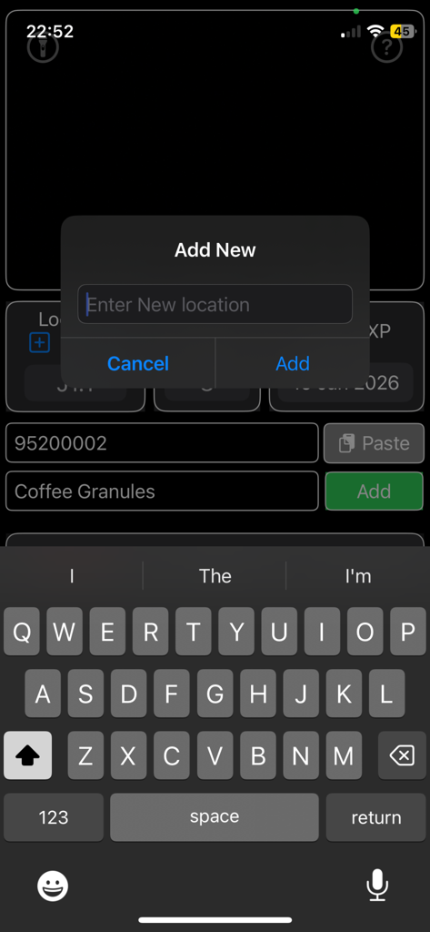 LogiScan - LogiScan 앱 인터페이스가 재고 항목의 새 보관 위치를 입력하기 위한 팝업 창을 보여줌
