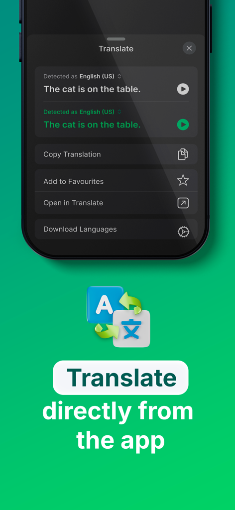 A mobile screen showing the translation feature of the Audio to Text for WhatsApp app with options to copy and favorite text.