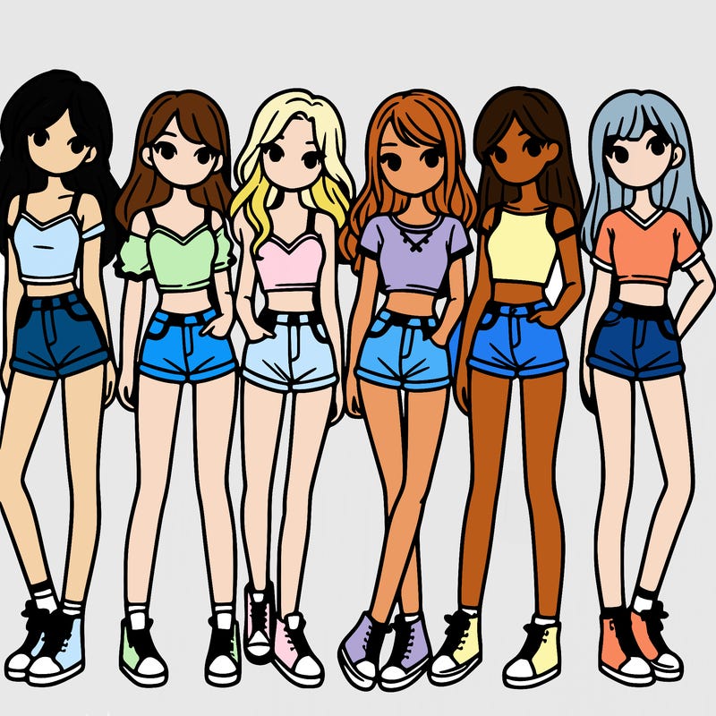 a group of girls wearing crop tops and shorts