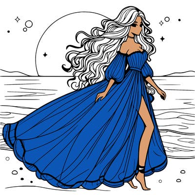 beautiful woman with a vaporous long dress walking on the beach at the noon, detailed art