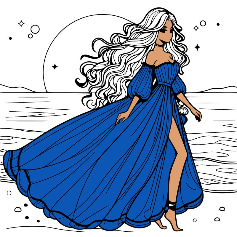 beautiful woman with a vaporous long dress walking on the beach at the noon, detailed art