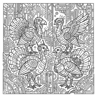 Step into a neon-drenched future with this captivating coloring page featuring a flock of cyberpunk turkeys. Their intricate robotic details and the bustling circuit board background offer a unique artistic challenge.
