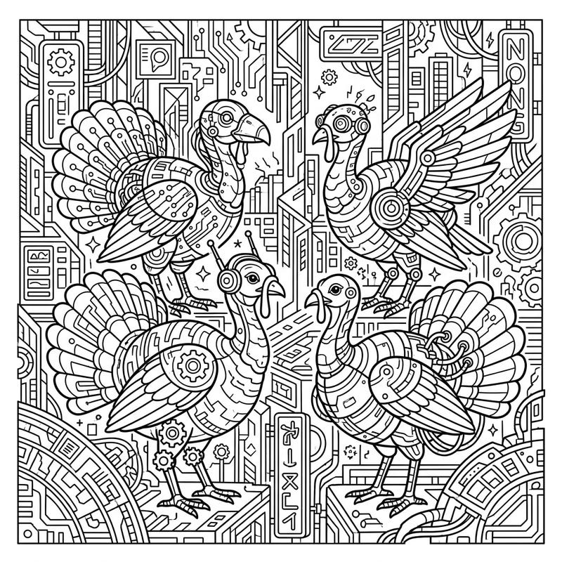 Step into a neon-drenched future with this captivating coloring page featuring a flock of cyberpunk turkeys. Their intricate robotic details and the bustling circuit board background offer a unique artistic challenge.