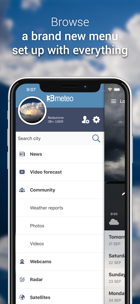 Screenshot des Menüs der 3B Meteo Mobile App mit Funktionen wie Radar, Satelliten und Community-Wetterberichten