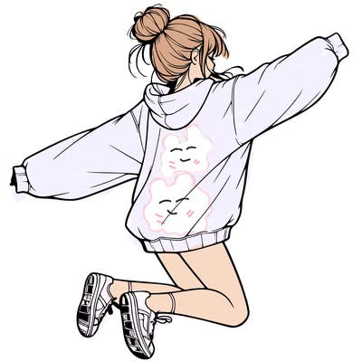 realistic girl jumping with a bun and oversized sweatshirt