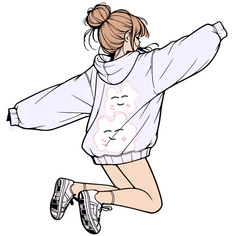 realistic girl jumping with a bun and oversized sweatshirt