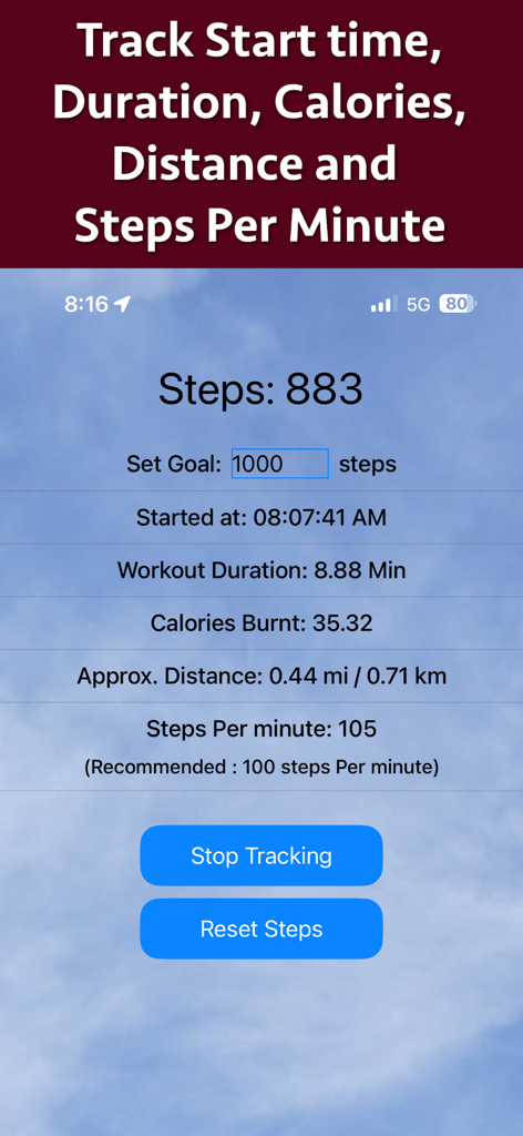 Brisk Walking Tracker - Brisk Walking Tracker app interface showing real-time workout stats including steps calories and cadence