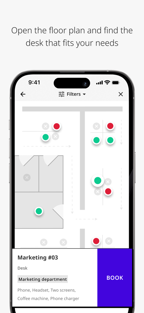 Joan Workplace - A mobile interface of Joan Workplace displaying an office floor plan with color-coded desk availability and a booking option for a specific desk.