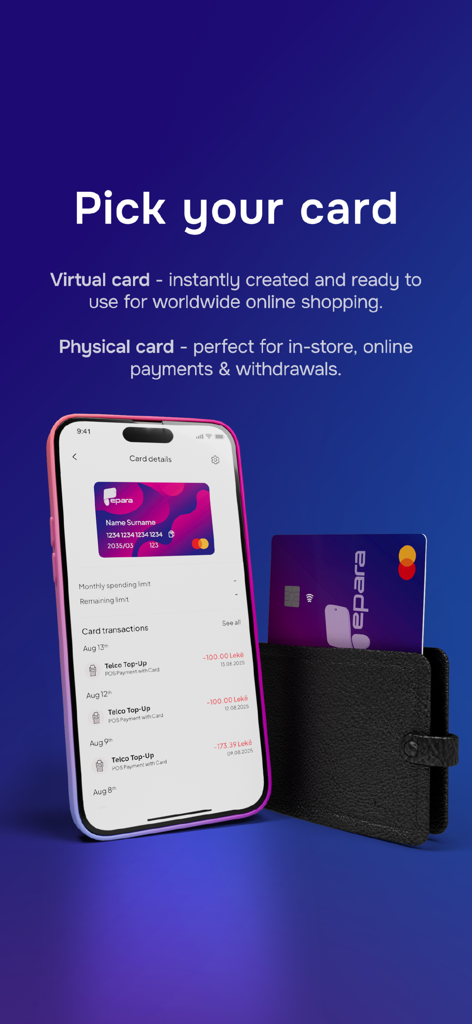 epara - epara mobile app interface displaying options for virtual and physical payment cards next to a wallet