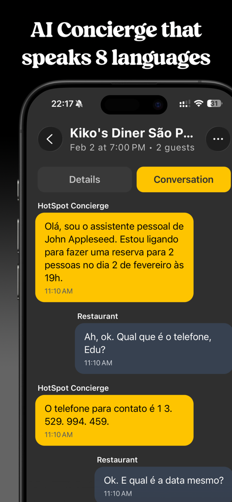 HotSpot - AI Reservations - HotSpot app screenshot showing the AI concierge booking a restaurant in Portuguese
