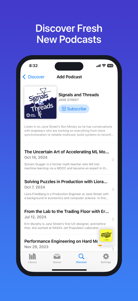 Discover screen of the Podcatcher app showing a podcast profile with a subscribe button and episode list.