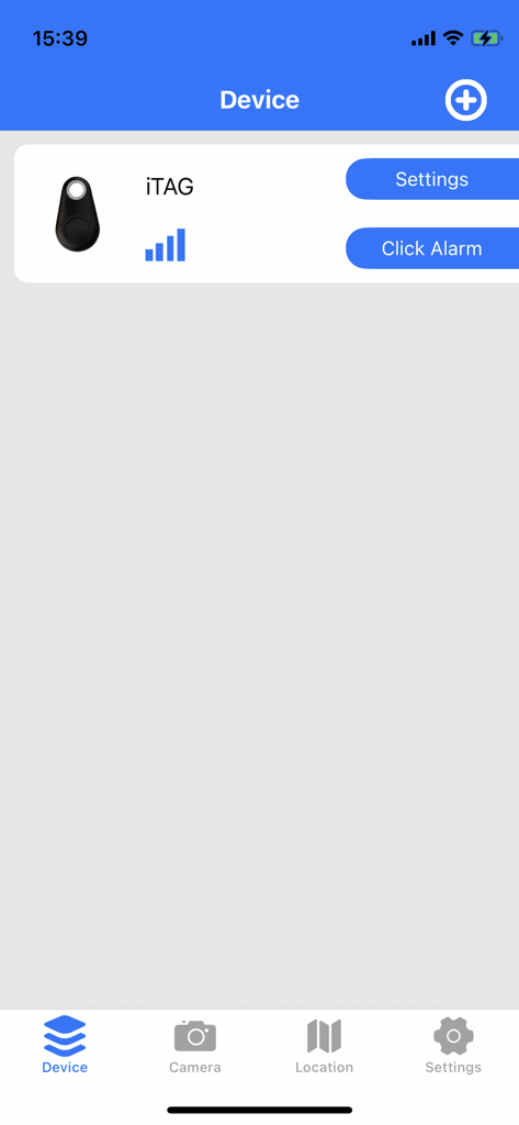 iSearching plus - Interface of the iSearching plus app showing a connected iTAG Bluetooth tracker with a click alarm button