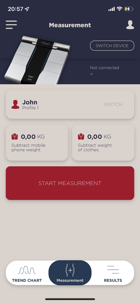 My TANITA – Healthcare App - My Tanita app measurement screen showing a start measurement button and user profile settings