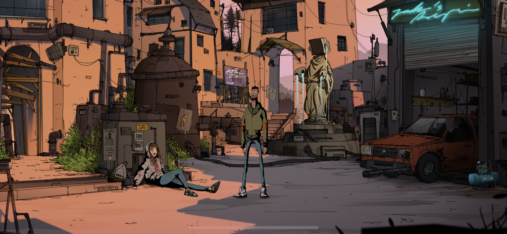 A hand painted scene from the game Unforeseen Incidents Mobile featuring Harper Pendrell in a town square with a woman leaning against machinery.