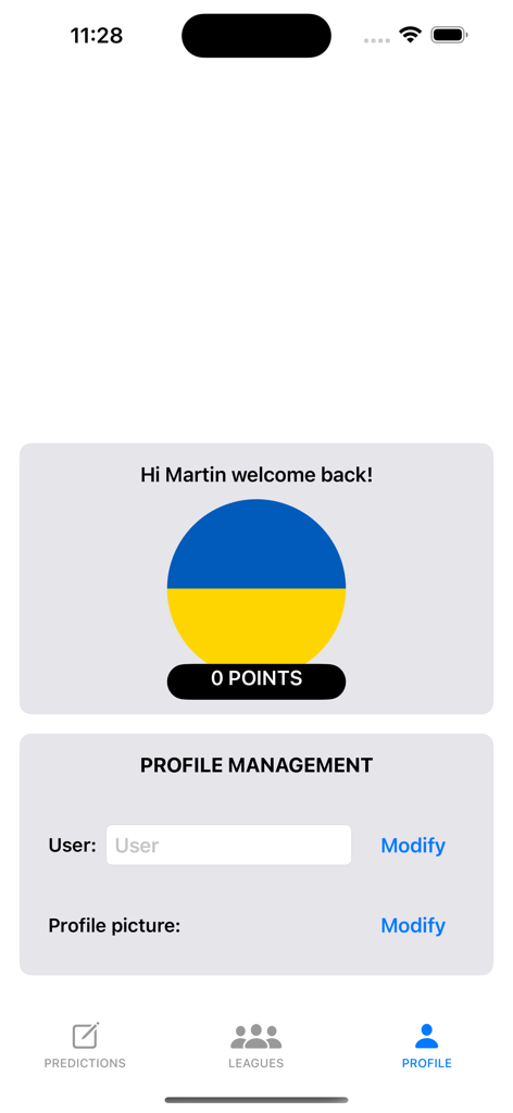 Euro Predictor - Euro Predictor app user profile management screen with points and settings