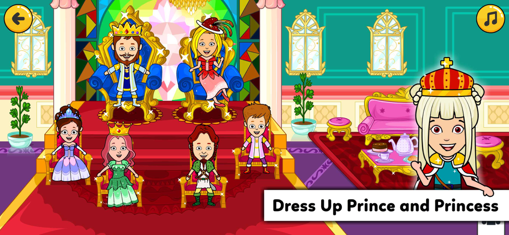 Tizi Town - Dream Castle House - Cartoon prince and princess characters in a royal throne room with a dress up theme
