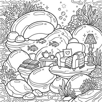 Dive into relaxation with this unique coloring page featuring a cozy reading nook nestled among majestic pillow lava formations underwater. Perfect for unwinding during a tranquil weekend, this scene invites you to bring vibrant colors to a serene marine retreat.