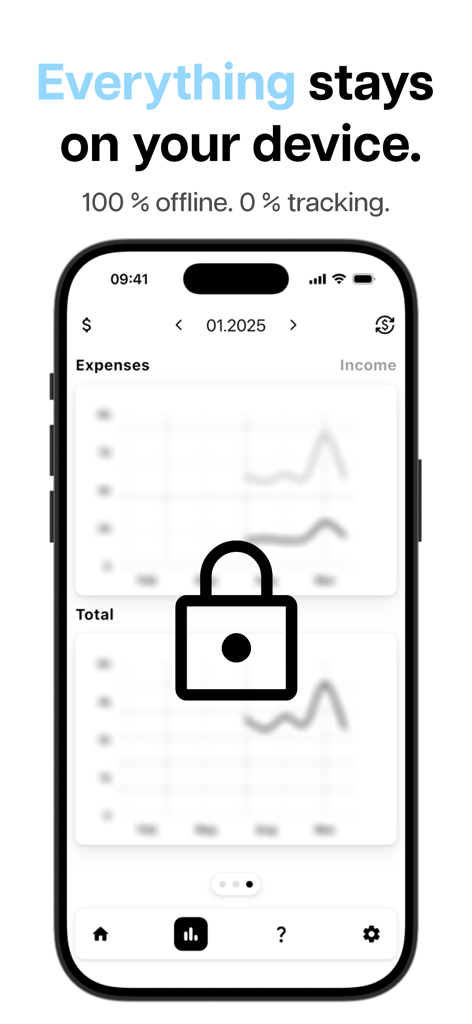 Finance Squirrel | Budget App - iPhone画面にFinance Squirrelアプリが表示され、ロックアイコンがオフラインデータプライバシーとゼロトラッキングを強調している