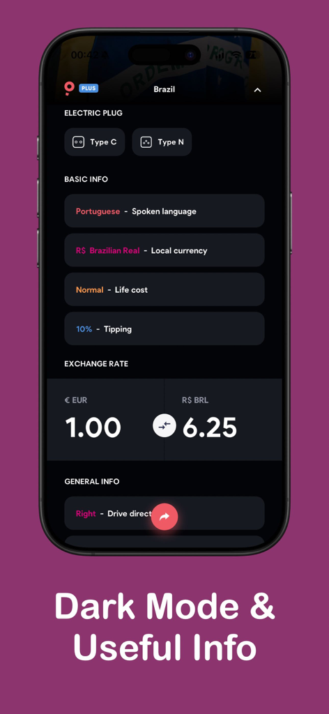 Balloon Been: Visited Map - Pantalla de smartphone que muestra información de viaje para Brasil, incluyendo cambio de divisas, idioma y tipos de enchufe eléctrico en modo oscuro.