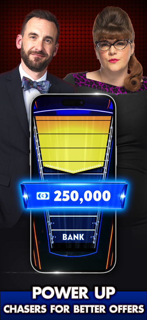 Promotional screen for The Chase World Tour game showing two chasers and a smartphone displaying a high bank offer with power up text