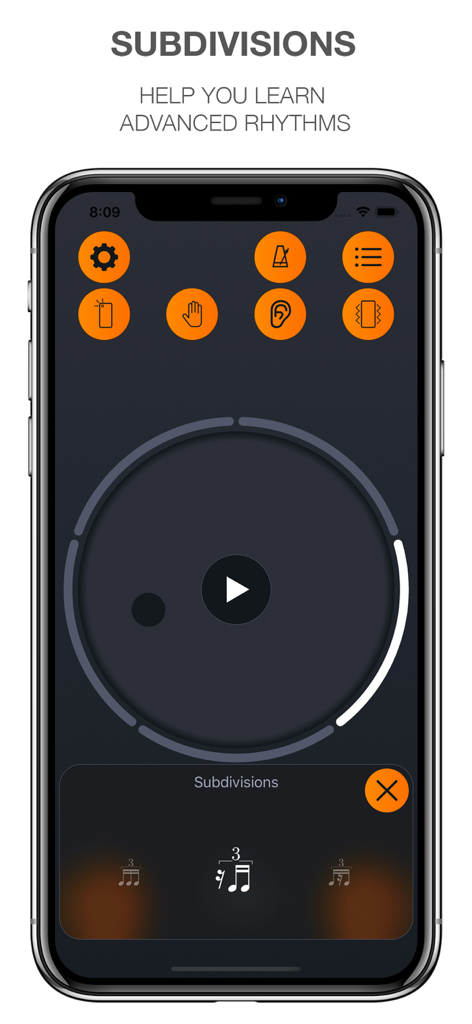 Band Metronome: Tempo, Setlist - Interfaz de la aplicación Metrónomo de Banda mostrando la función de subdivisiones para aprender ritmos musicales avanzados en un iPhone.