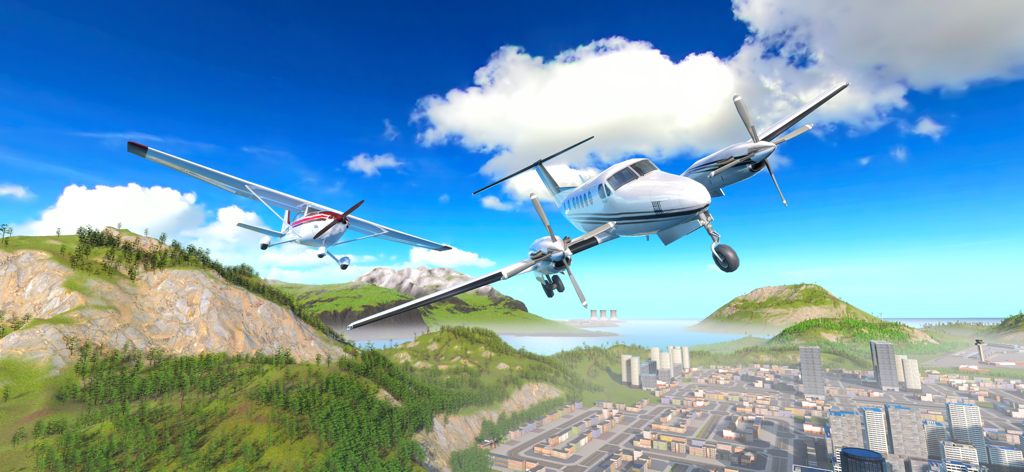 Dos aviones volando sobre una ciudad costera y montañas en un juego de simulación de vuelo realista.