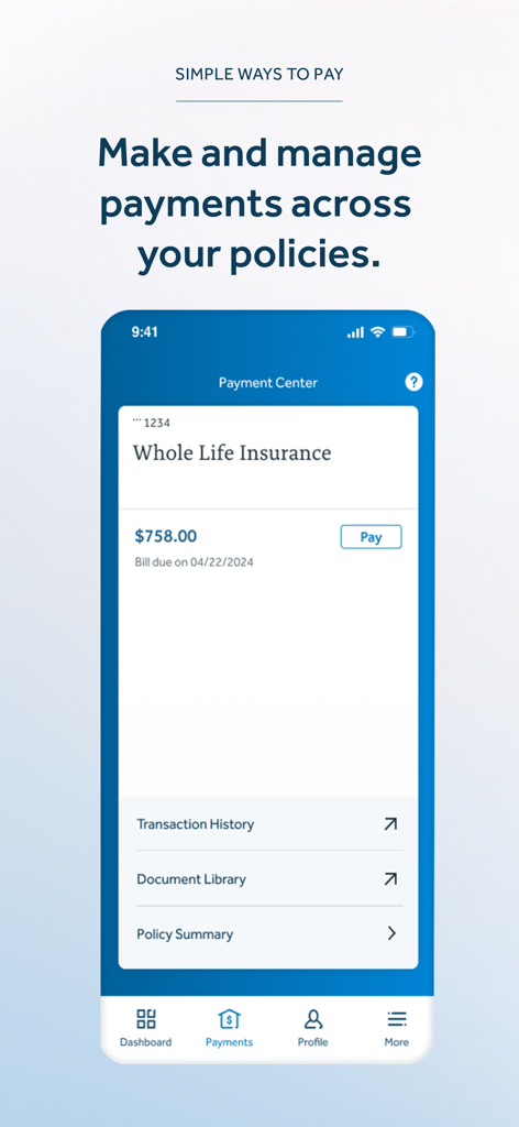 New York Life app interface showing the Payment Center for a whole life insurance policy with a pay button.