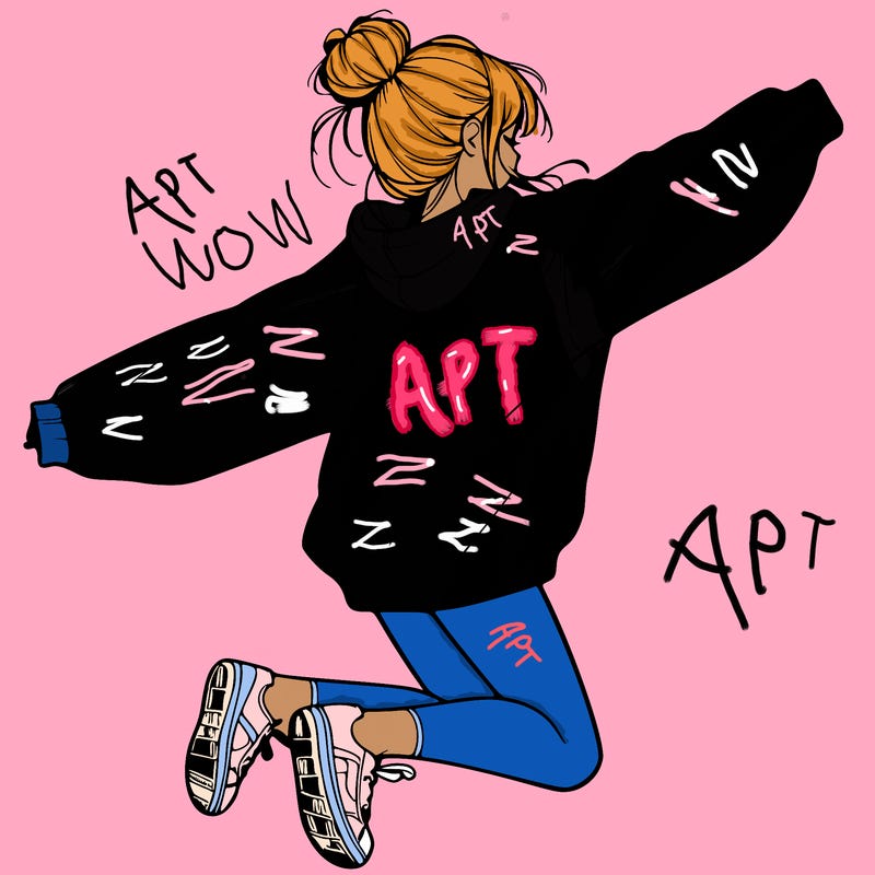 realistic girl jumping with a bun and oversized sweatshirt