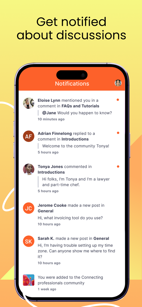 Thinkificアプリの通知画面。コミュニティのディスカッションやユーザーのメンションが表示されている。