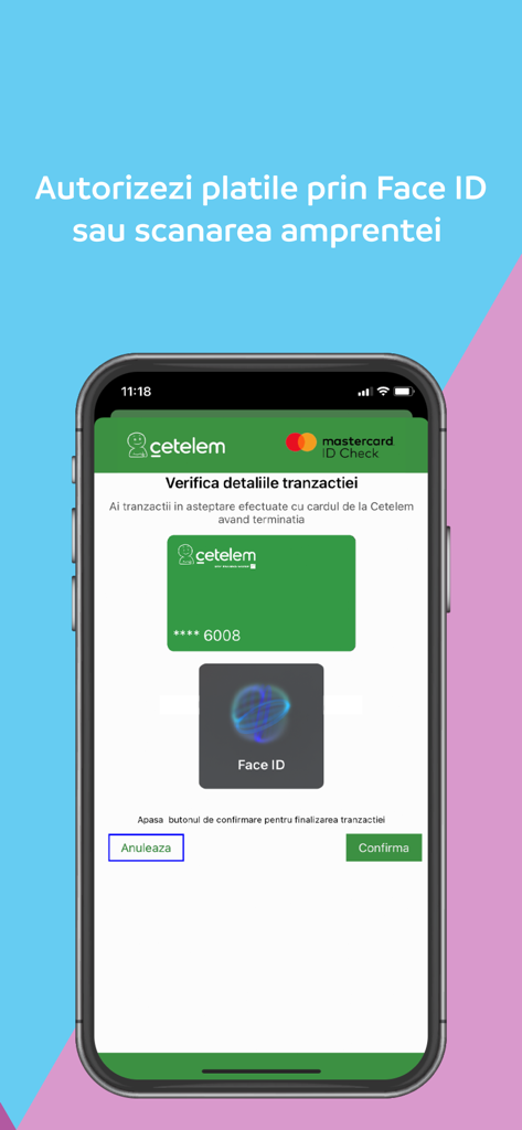 Schermata dell'app mobile Cetelem 3D Secure che mostra la verifica della transazione con autenticazione biometrica Face ID