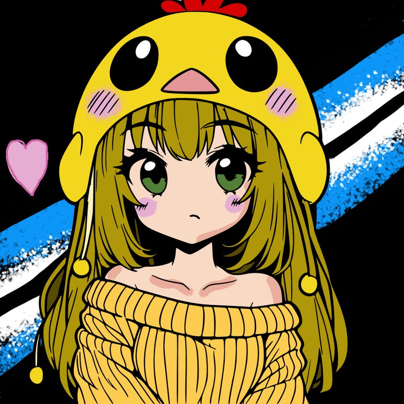 anime girl with chick shaped hat with sweater with bare shoulders with bangs covering them one eye with low tail