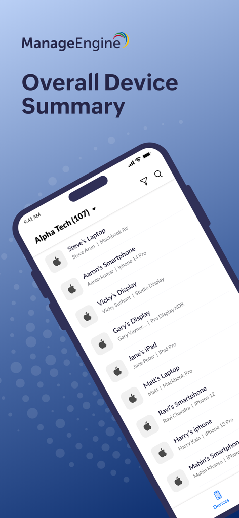 Schermata di riepilogo dei dispositivi dell'app ManageEngine MSP che mostra un elenco di dispositivi aziendali gestiti