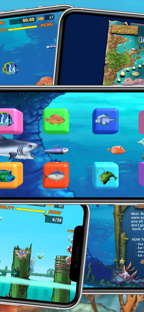 Screenshots of Let Me Eat 2 gameplay showing underwater levels fish collection and game map