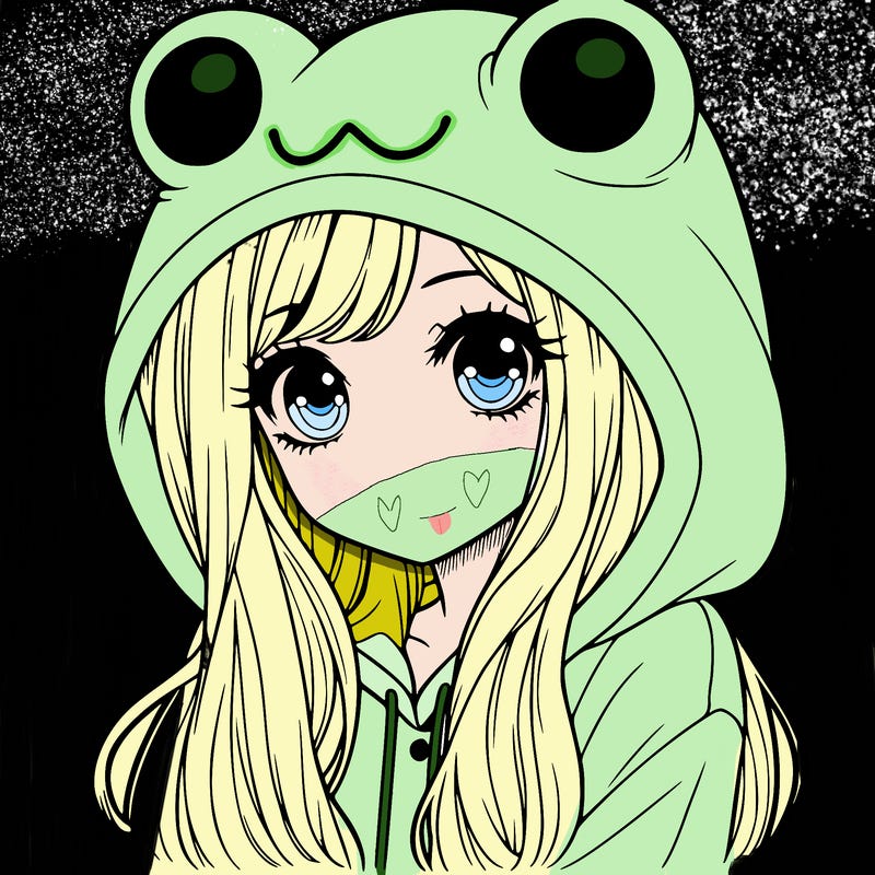 a pretty girl wearing a frog hoodie portrait with long hair