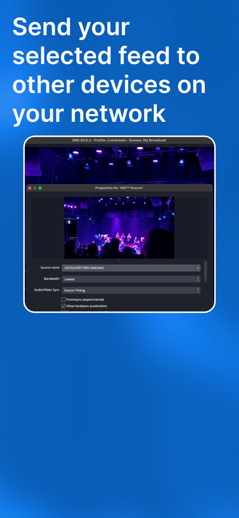 NDI Switcher - Focus - Oberfläche zeigt NDI Switcher Focus beim Senden eines Live-Video-Feeds an OBS-Software über ein lokales Netzwerk