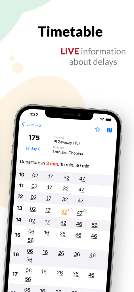 mobileMPK - timetables - mobileMPK app displaying a bus timetable with live delay information
