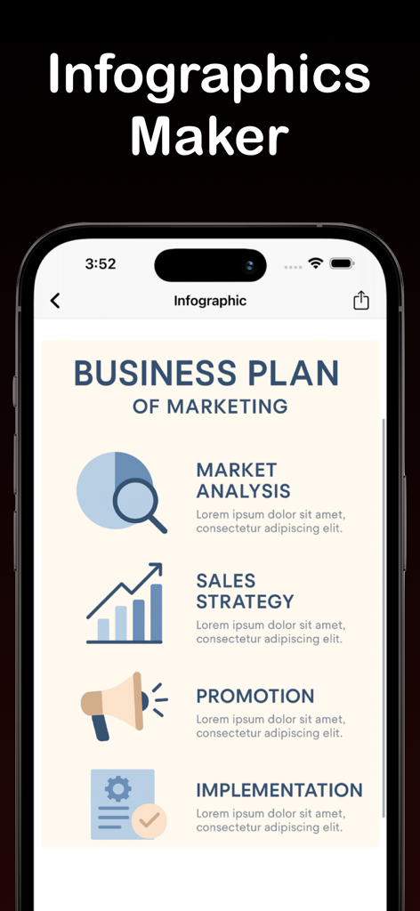 Presentation Maker - PresentAI - 시장 분석 및 판매 전략 아이콘이 포함된 전문 마케팅 비즈니스 계획 인포그래픽을 표시하는 PresentAI의 모바일 앱 인터페이스