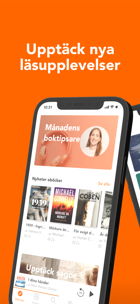 A smartphone displaying the Bokus Play app interface with Swedish ebook and audiobook recommendations