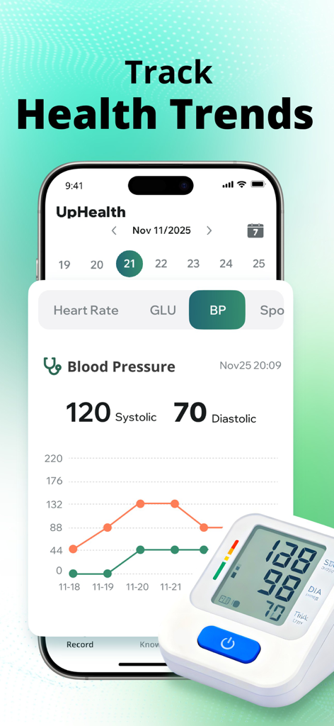 UpHealth:Heart Rate Monitor - 혈압 추적을 보여주는 UpHealth 앱 인터페이스와 건강 트렌드 차트 및 디지털 모니터