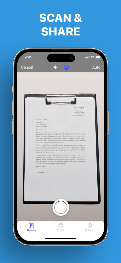 Printer App: Smart Print - iPhone interface showing a document on a clipboard being scanned by the Printer App for digital sharing.