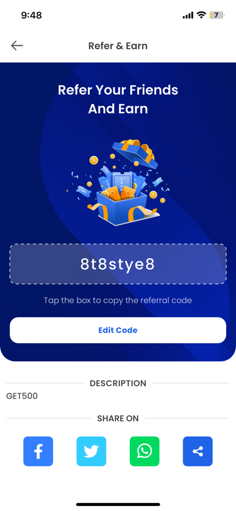 Doorstep JA Food Delivery - Doorstep JA app referral screen showing a referral code and social sharing buttons for Facebook Twitter and WhatsApp