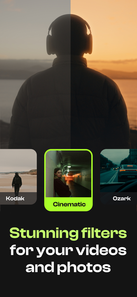 LUT Studio: Cinematic Filters - Interfaccia dell'app LUT Studio che mostra filtri video cinematografici con un confronto a schermo diviso prima e dopo di una scena al tramonto