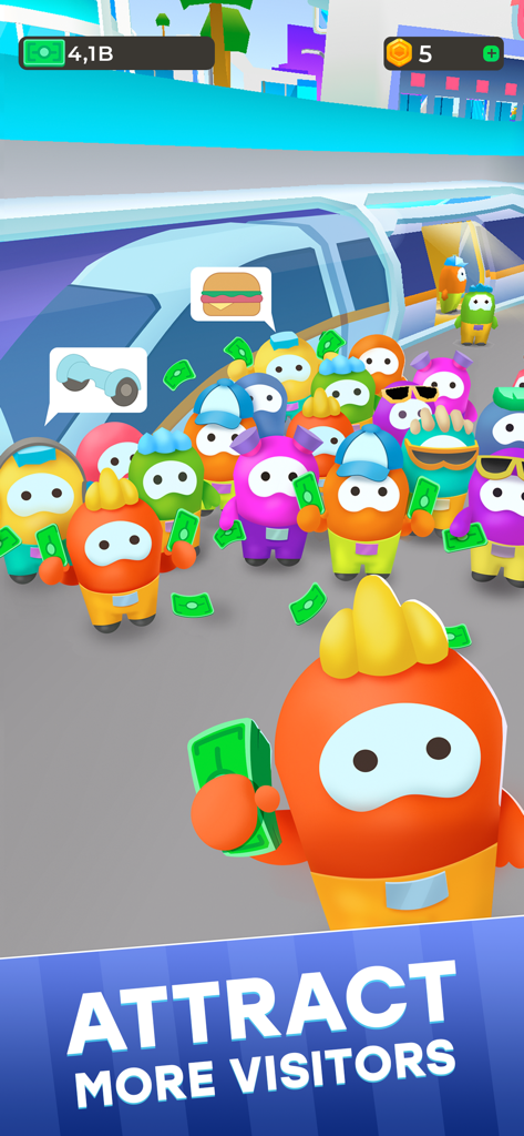 Diamond City: Idle Tycoon - Stilisierte 3D-Figuren, die Bargeld halten, vor einem futuristischen Zug mit dem Text Locken Sie mehr Besucher an