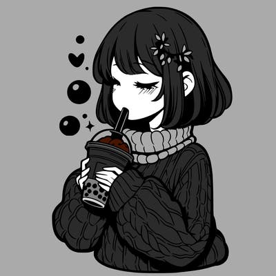 manga girl drinking boba in cozy sweater