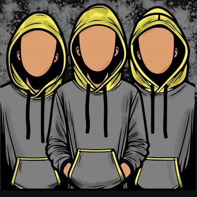 3 faceless people in  hoodies