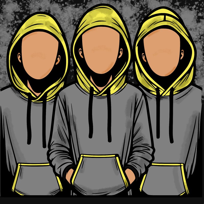 3 faceless people in  hoodies